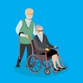Cartoon caucasian Grandpa with a cane and grandmother in a wheel