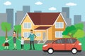 Cartoon caucasian family, big house and red car Royalty Free Stock Photo
