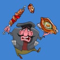 Cartoon caucasian man with barbecue and khachapuri in his hands