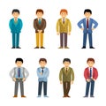 Cartoon caucasian man in business suit set flat style. Different poses and clothes