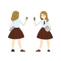 Cartoon caucasian schoolgirl with book and smartphone