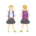 Cartoon caucasian schoolgirl with school bag,cute female kid character