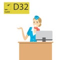 Cartoon caucasian stewardess behind the counter on the landing