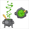 Cartoon cauldron with green boiling poison and golden spoon, side top view