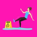 Cartoon Caution Wet Floor with Character Girl. Vector