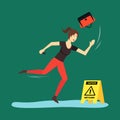 Cartoon Caution Wet Floor with Character Woman. Vector