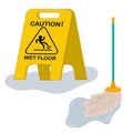 Cartoon caution wet floor sign on the nameplate in flat style in puddle