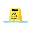 Cartoon Caution Wet Floor Yellow Sign. Vector