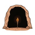 Cartoon Cave Entrance with Glowing Torch on Ground and Light Inside Royalty Free Stock Photo
