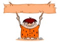 Cartoon caveman with blank banner