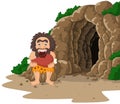 Cartoon caveman eating meat with cave background