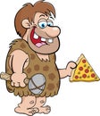 Cartoon caveman holding a large slice of pizza.