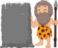 Cartoon caveman holding stone sign