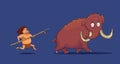 Cartoon Caveman with Spear hunting Mammoth. Vector Royalty Free Stock Photo