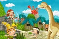 Cartoon cavemen village scene with volcano and dinosaur diplodocus and mammoth in the background