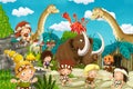 Cartoon cavemen village scene with volcano and dinosaur diplodocus and mammoth in the background