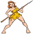 Cartoon cavewoman with a spear and animal skin