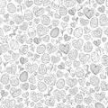 Cartoon Celebratory Seamless Pattern of Black Outline Doodles Easter Eggs and Hearts on White Background