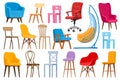 Cartoon chairs. Home or office modern chairs and armchairs, interior furniture elements isolated vector illustration set