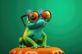 Cartoon chameleon with glasses on a green background. 3d rendering, Colorful chameleon on a branch over blurred nature background