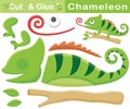 Cartoon of chameleon on tree branches sticks out its tongue. Education paper game for children. Cutout and gluing