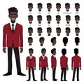 Cartoon character with African American business man in suit for animation. Front, side, back, 3-4 view character vector Royalty Free Stock Photo