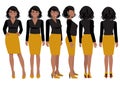 Cartoon character with African American business woman in casual wear for animation. Front, side, back, 3-4 view flat character Royalty Free Stock Photo