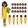 Cartoon character with African American business woman in casual wear for animation. Front, side, back, 3-4 view character. Royalty Free Stock Photo