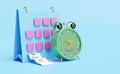 Cartoon character alarm clock wake-up time morning with calendar,invoice or paper check receipt,space isolated on blue background.