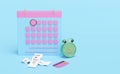 Cartoon character alarm clock wake-up time morning with calendar,invoice or paper check receipt,space isolated on blue background.