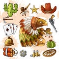 Cartoon character american eagle with set of classic western items design print Royalty Free Stock Photo