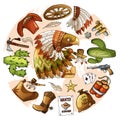 Cartoon character american eagle set of classic western items round design print Royalty Free Stock Photo