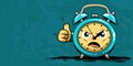 Cartoon character angry alarm clock pointing hands on a green background with copy space. Deadline