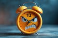 Cartoon character angry sad alarm clock on blue background Royalty Free Stock Photo