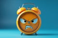 Cartoon character angry sad alarm clock on a blue isolated background with copy space Royalty Free Stock Photo