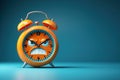 Cartoon character angry sad alarm clock on a blue isolated background. Deadline Royalty Free Stock Photo