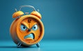 Cartoon character angry sad alarm clock on a blue isolated background. Deadline, time to wake up in morning Royalty Free Stock Photo