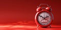 Cartoon character angry sad alarm clock on a red isolated background with copy space. Deadline Royalty Free Stock Photo