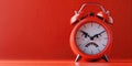 Cartoon character angry sad alarm clock on a red isolated background. Deadline, time to wake up in morning Royalty Free Stock Photo