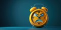 Cartoon character angry yellow alarm clock on a blue isolated background with copy space. Deadline Royalty Free Stock Photo