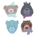 cartoon character animal faces, bears in winter hats and scarf Royalty Free Stock Photo