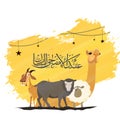 Cartoon character of animals on yellow paint stroke background with islamic arabic calligraphy of Eid-al-Adha Mubarak poster or Royalty Free Stock Photo