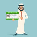 Cartoon character arab car driver license businessman traditional national muslim clothes retro design vector