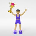 Cartoon character athlete man holds gold champion cup isolated on white background ,3d render