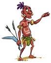 Cartoon Character from Australia Aboriginal with boomerang and arrows. Australia Aborigine points with his hand