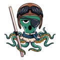 Cartoon character of aviation pilot cyborg octopus with aviator helmet with kung fu stick. Illustration for fantasy, science