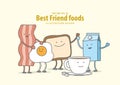 Cartoon character of Bacon, Fried egg, Toast, Coffee, Milk Brea Royalty Free Stock Photo