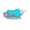 Cartoon character of bacteria prokaryote clever student studying with a laptop