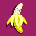 Cartoon character banana on an isolated crimson background. Vector image