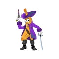 Cartoon character Banana pirate, with saber and musket angrily grins